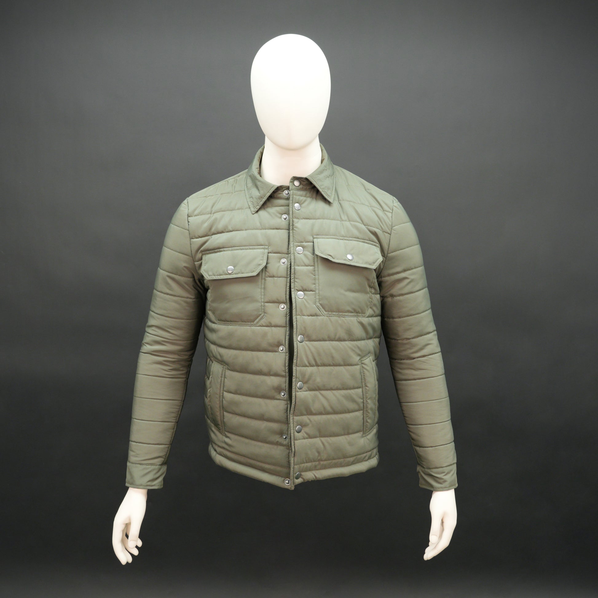 Men’s button-down six-pocket quilted puffer jacket in navy and green with full sleeves, snap button closure, and multiple pockets for storage and warmth