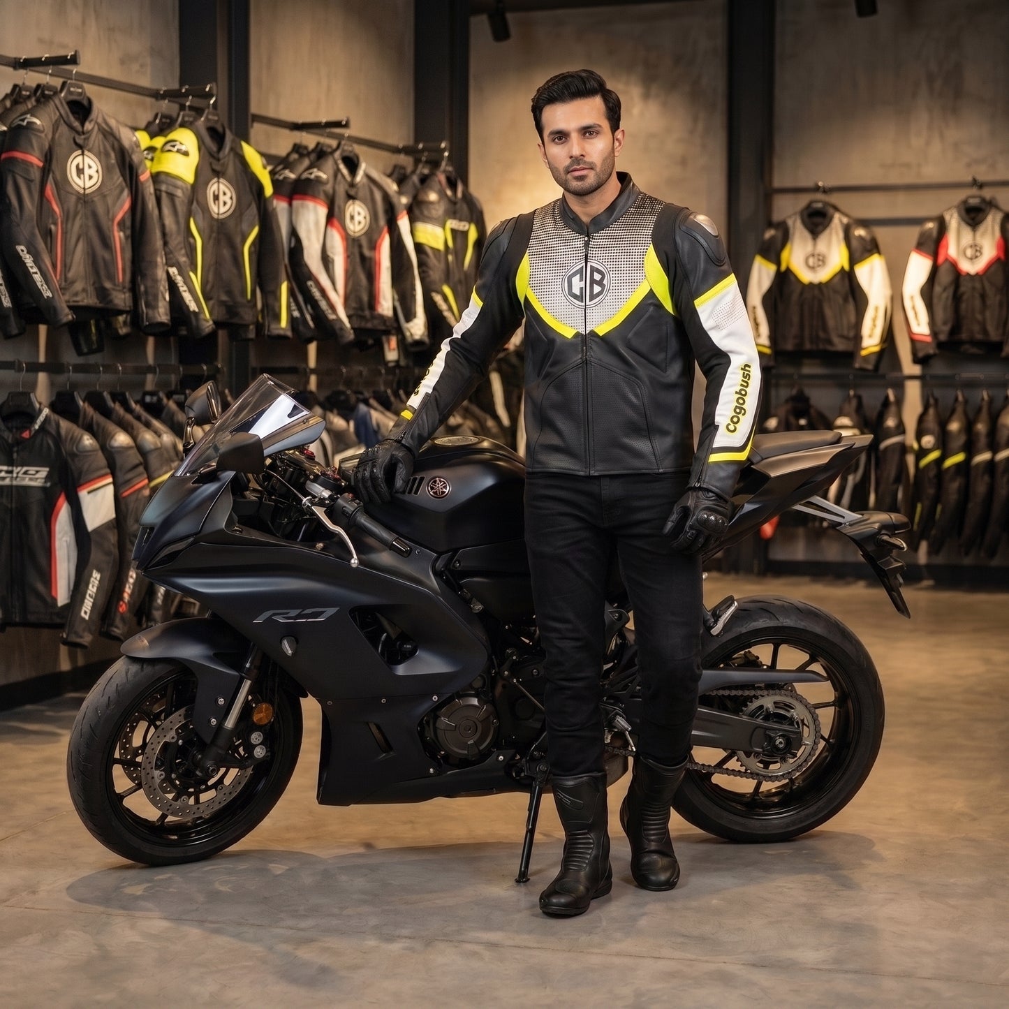 Cogobush CB Grey & Neon Yellow Leather Look Motorcycle Riding Jacket #Cogobush #MotorcycleJacket #RidingGear #MotoJacket #SafetyGear