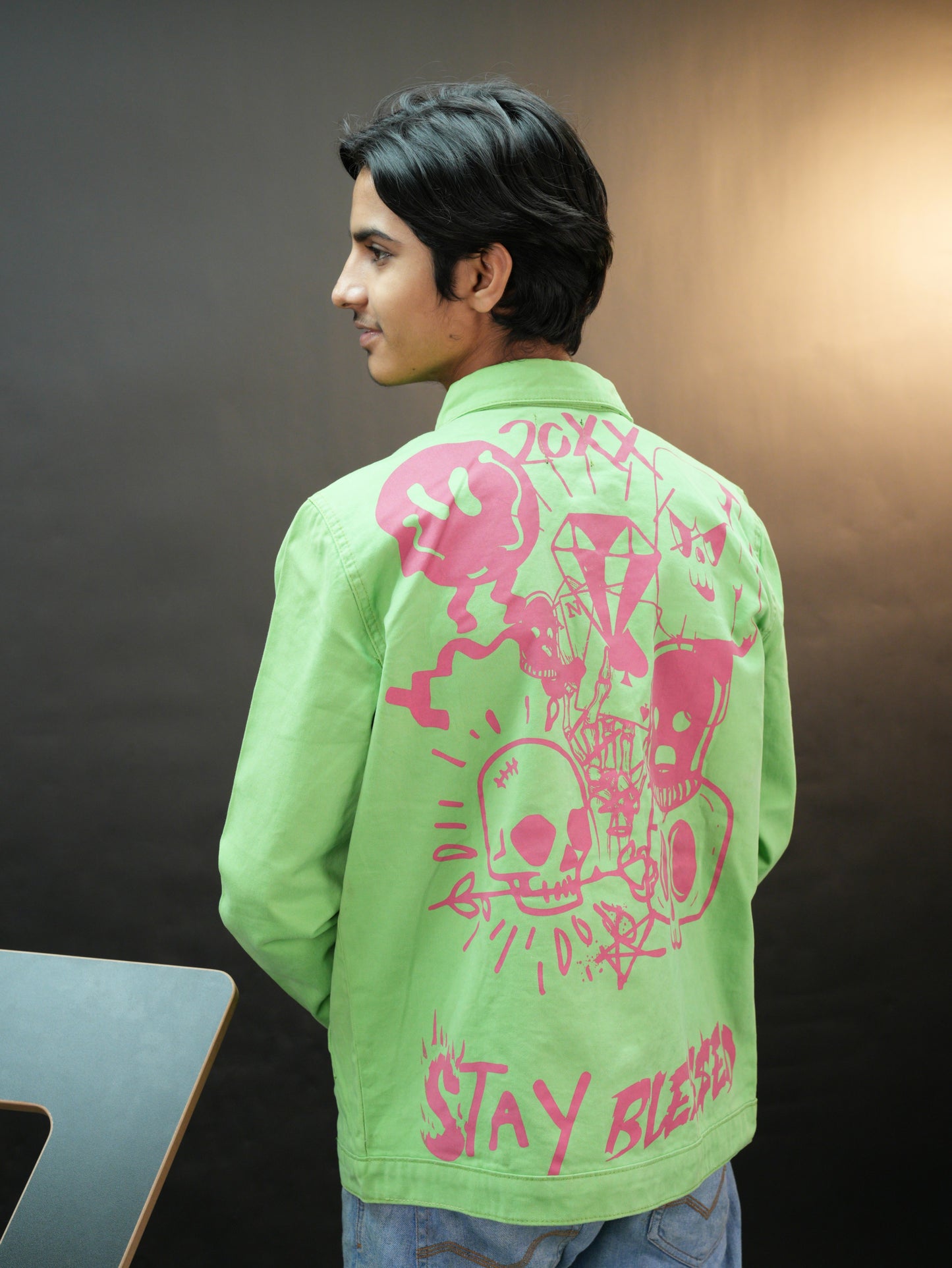 Men's Stay Blessed Back Printed Denim Button Jacket