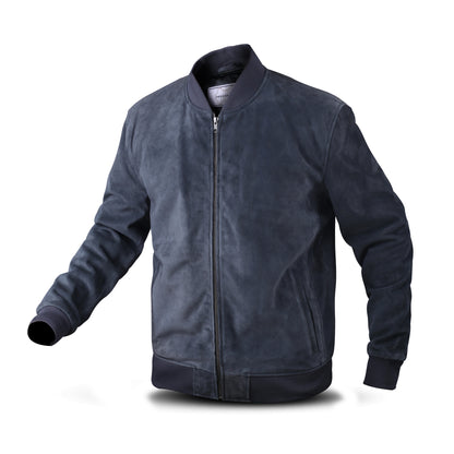 Cow Suede Leather Jacket with Chocolate, Navy & Charcoal Color Rib Collar & Bottom (Desi-Col)