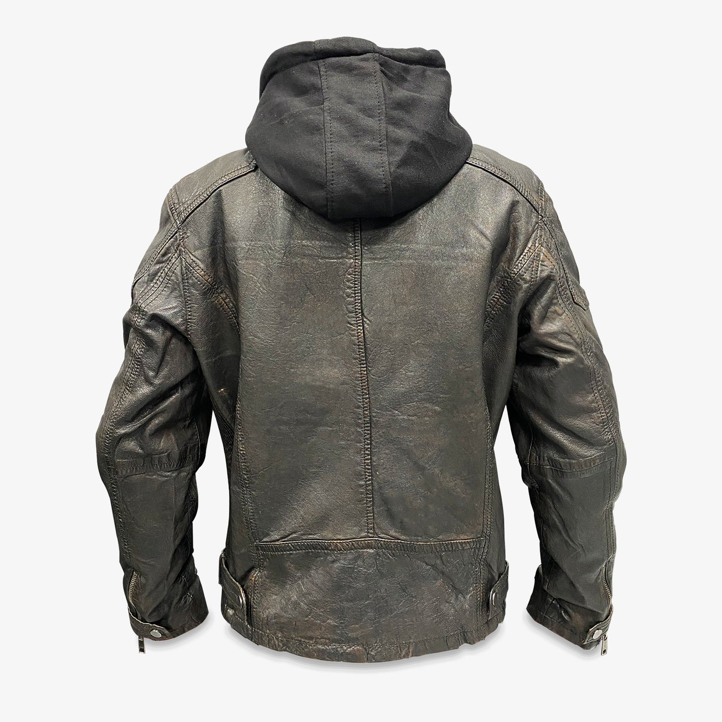 Hooded Real Leather Rubbed Finish Duel Layer Jacket