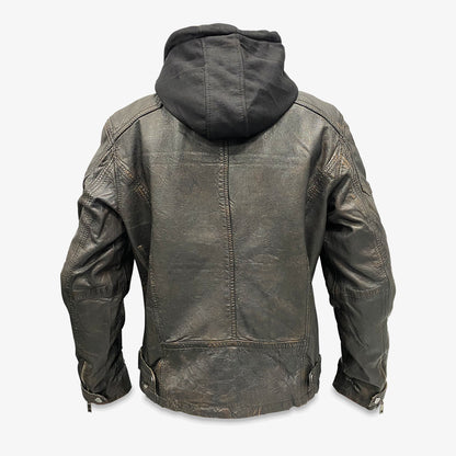 Hooded Real Leather Rubbed Finish Duel Layer Jacket
