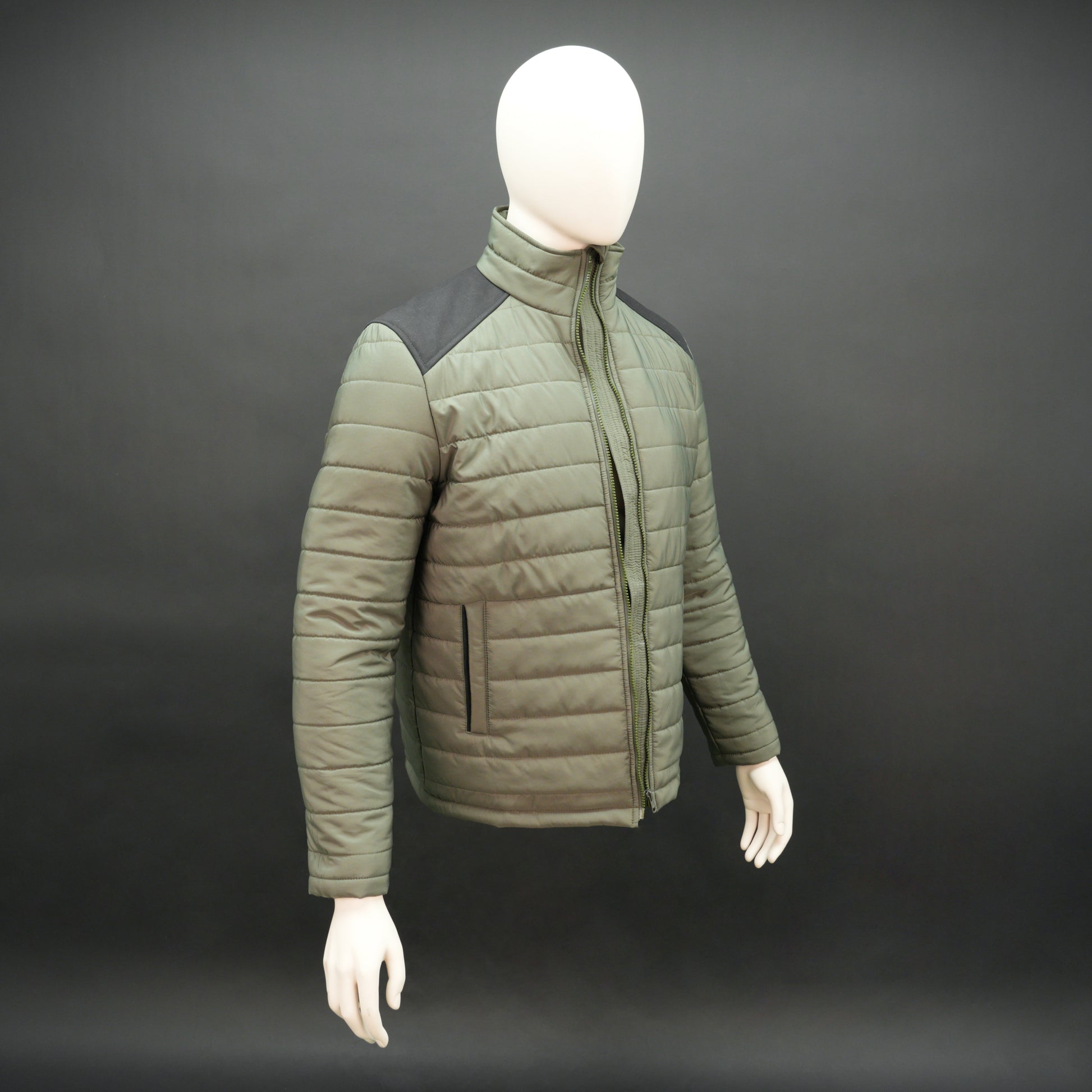 Olive sleeveless puffer vest with zip, side and inside pockets, lightweight for layering