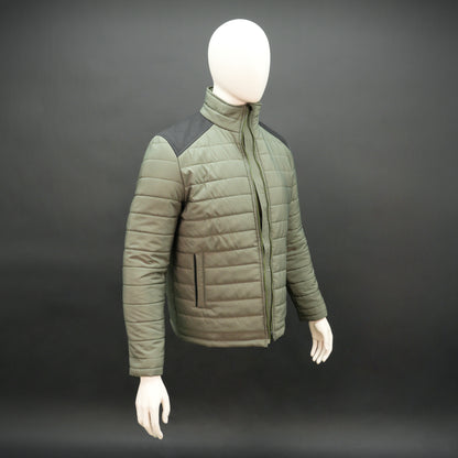 Olive sleeveless puffer vest with zip, side and inside pockets, lightweight for layering