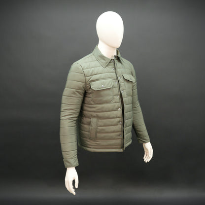 Green full-sleeve puffer jacket with snap closure, quilted padding, inner and outer pockets, designed for everyday comfort.