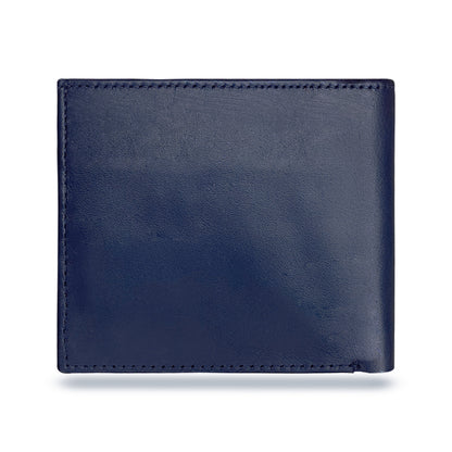 Elegant blue genuine leather wallet featuring card slots, spacious cash compartments, a coin pocket, and hidden cash storage for practical use
