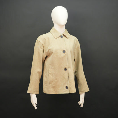 Beige suede leather jacket with tailored fit, elegant button opening, and front side pockets
