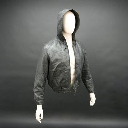 Black hoodie-style jacket made from genuine sheep leather (veg ranger), featuring a front zip closure, adjustable hood, two side pockets, and one inside pocket