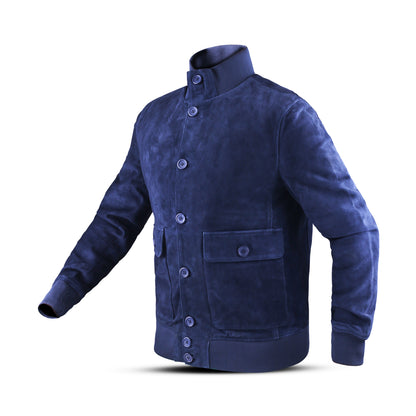 Cow Suede Coat Style Leather Jacket for Men's with Plastic Round Shape Front Buttons (Desi-Dani)