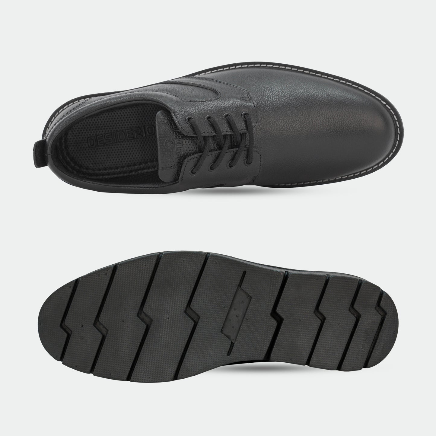 Black footwear featuring genuine cow leather milled commute upper, soft sheep lining, Taxon insole for stability, and lightweight EVA sole for comfort and grip