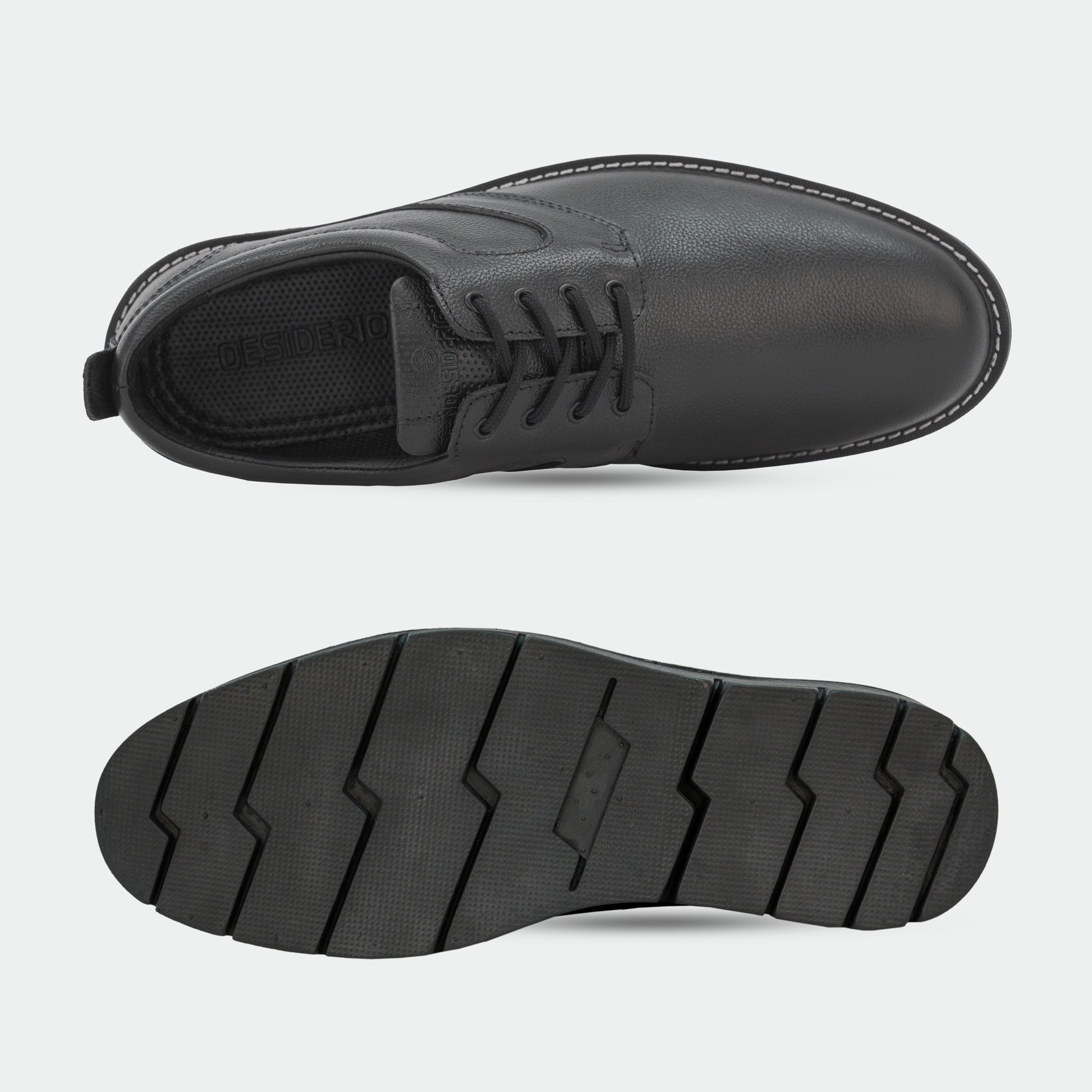 Black footwear featuring genuine cow leather milled commute upper, soft sheep lining, Taxon insole for stability, and lightweight EVA sole for comfort and grip