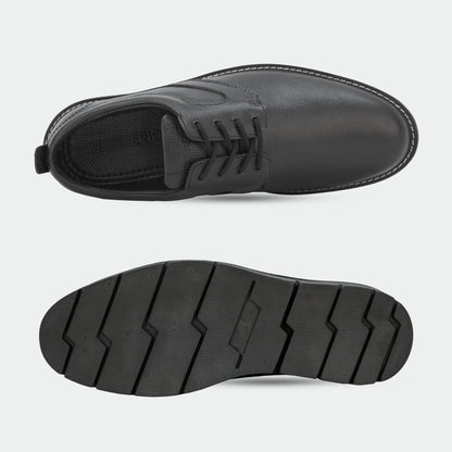 Black footwear featuring genuine cow leather milled commute upper, soft sheep lining, Taxon insole for stability, and lightweight EVA sole for comfort and grip