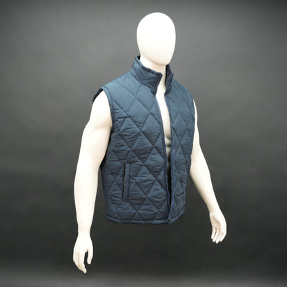 Navy sleeveless puffer vest with zip, side and inside pockets, lightweight for layering
