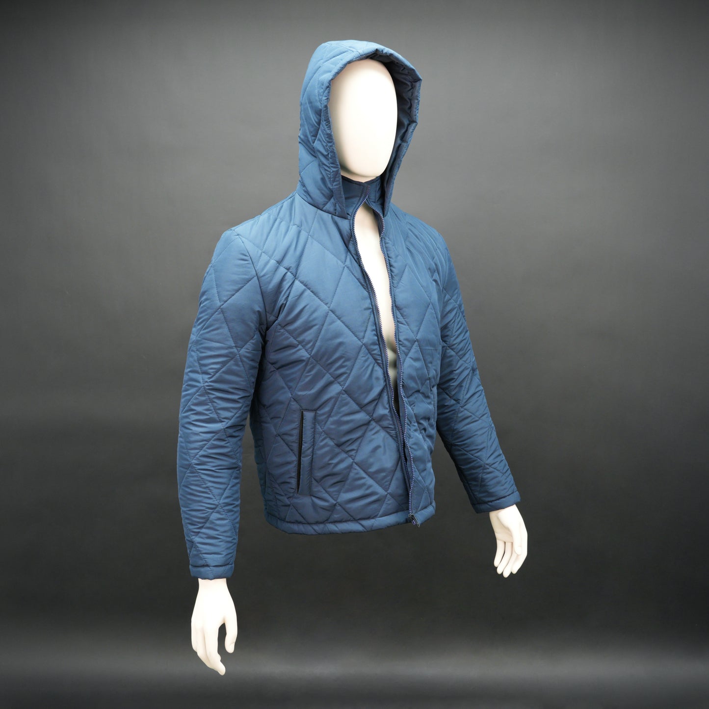 Blue full-sleeve puffer jacket with zip and hood, side and inner pockets, suitable for cold and windy weather