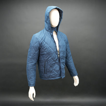 Blue full-sleeve puffer jacket with zip and hood, side and inner pockets, suitable for cold and windy weather