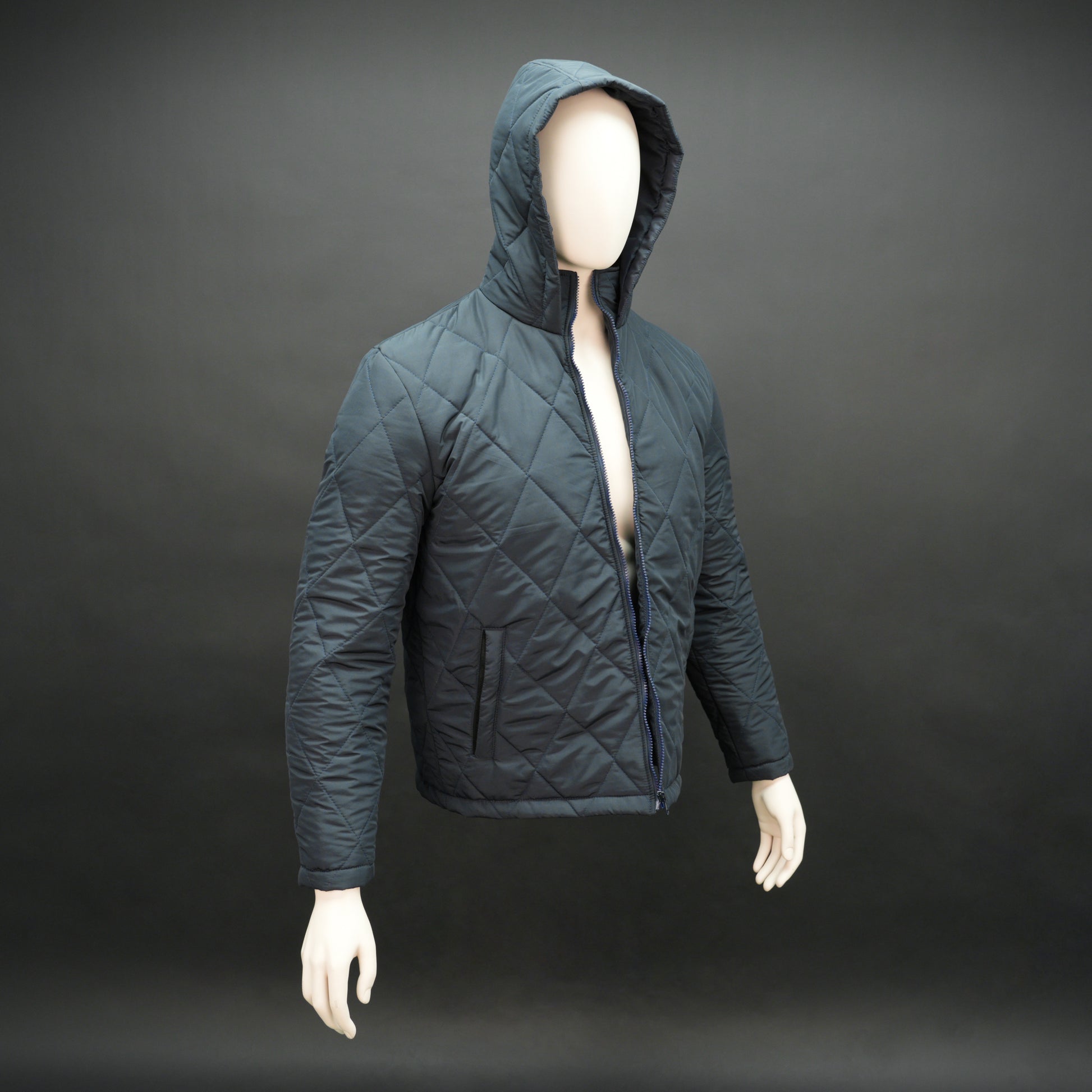 Navy full-sleeve puffer jacket with zip and hood, side and inner pockets, suitable for cold and windy weather