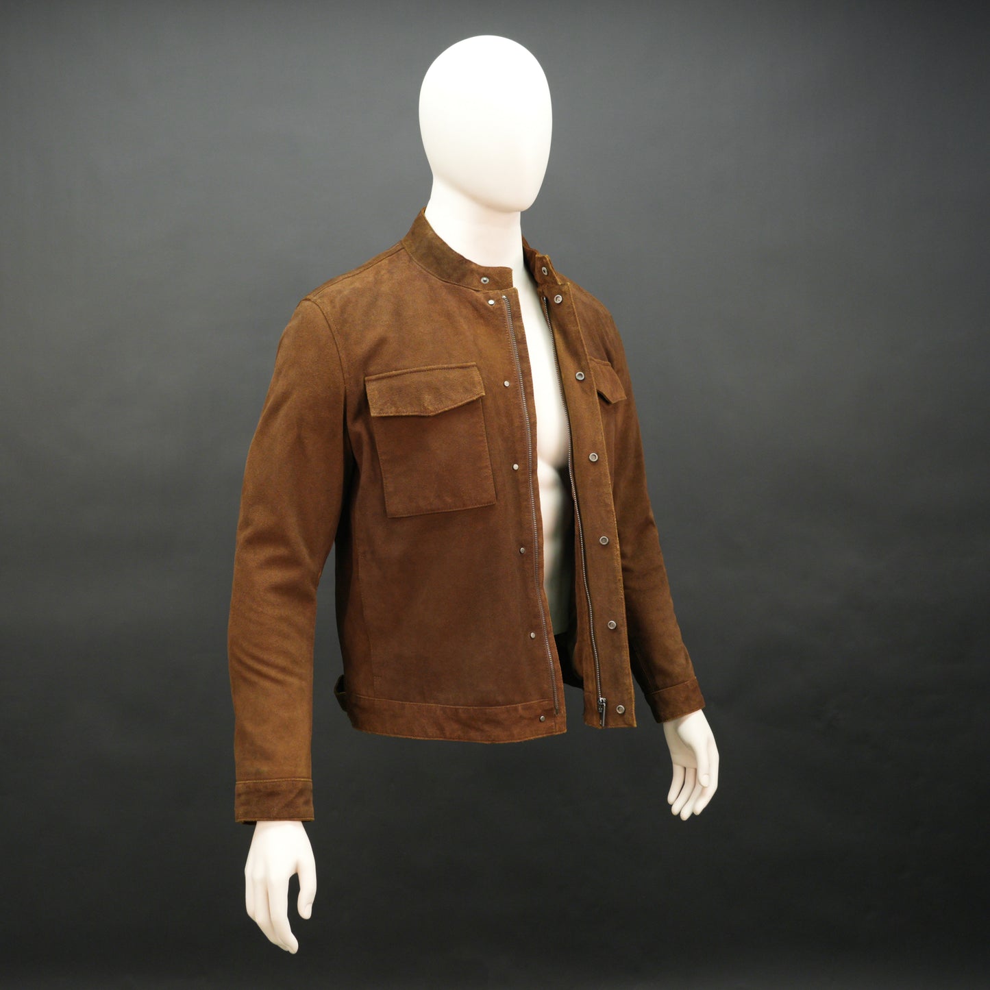 Brown suede leather jacket with front pocket and unique button and zip opening