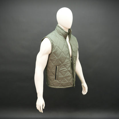 Green sleeveless puffer vest with zip, side and inside pockets, lightweight for layering