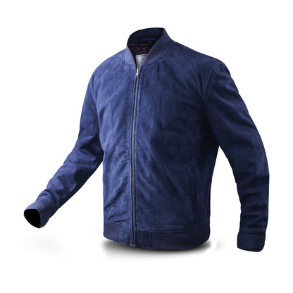 Cow Suede Leather Jacket with Chocolate, Navy & Charcoal Color Rib Collar & Bottom (Desi-Col)