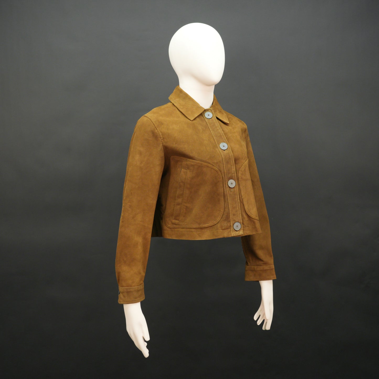 Mustard Brown suede leather jacket with front side pockets and button closure