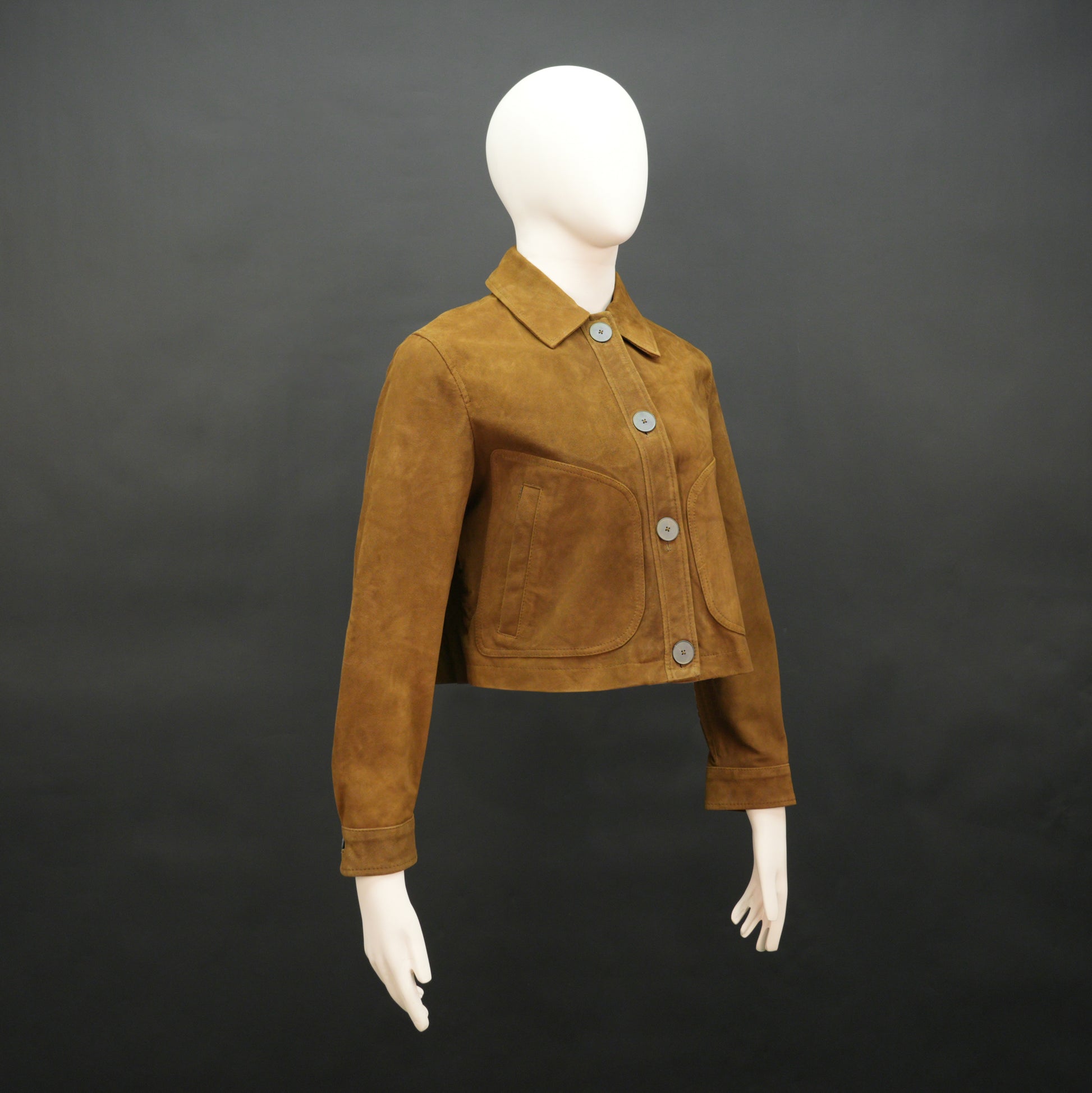 Mustard Brown suede leather jacket with front side pockets and button closure