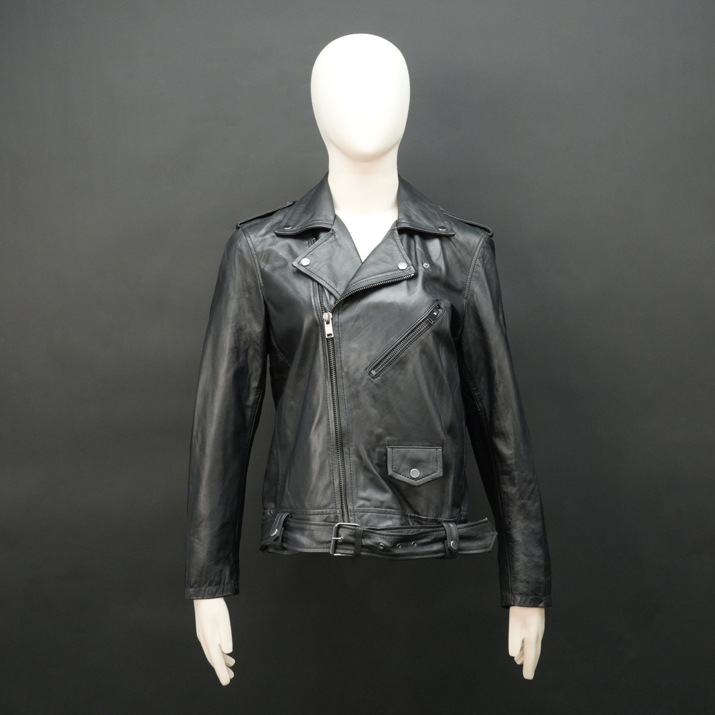 Black sheep leather jacket with adjustable waist belt, two front side pockets, one inside pocket, and zip flap closure