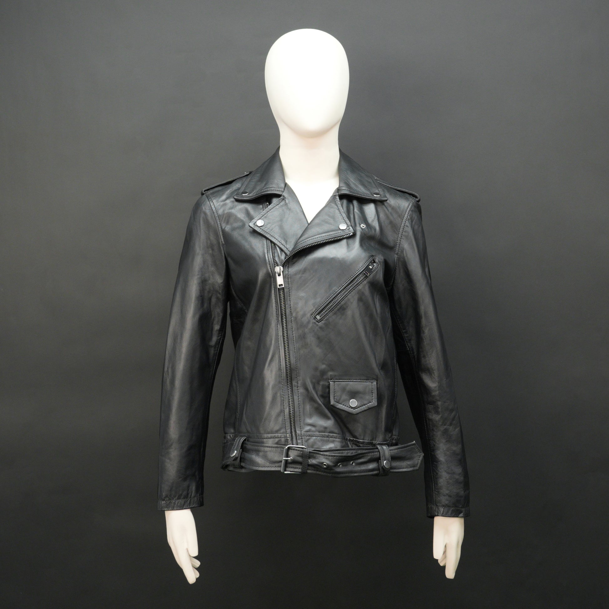 Black sheep leather jacket with adjustable waist belt, two front side pockets, one inside pocket, and zip flap closure