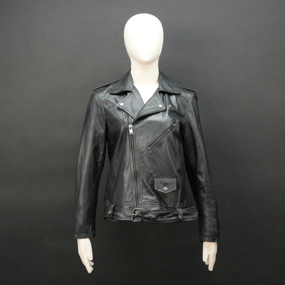 Black sheep leather jacket with adjustable waist belt, two front side pockets, one inside pocket, and zip flap closure