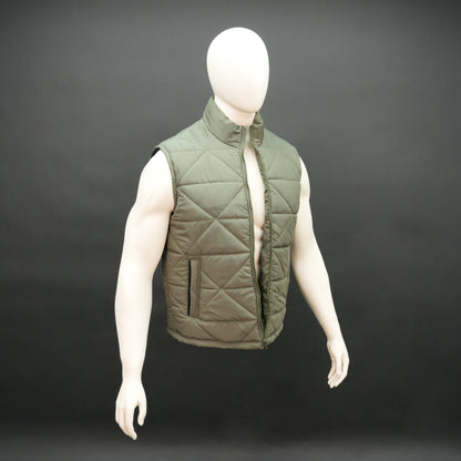 Green sleeveless puffer vest with zip closure, side and inner pockets, lightweight and ideal for layering.