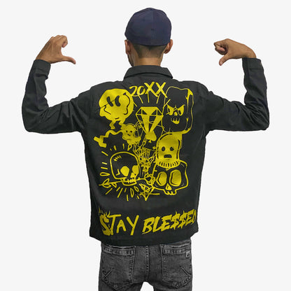 Men's Stay Blessed Back Printed Denim Button Jacket