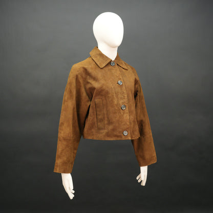 Brown suede leather jacket with button closure, slim fit, side pockets, and soft premium suede finish