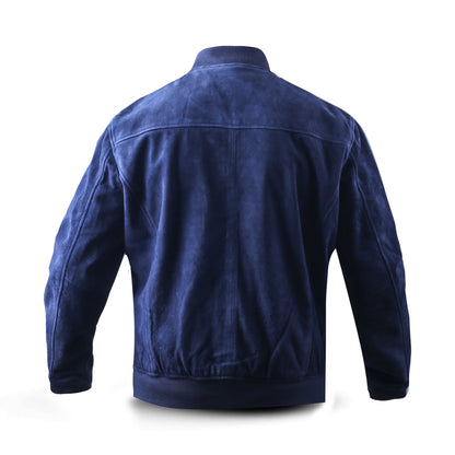 Cow Suede Leather Jacket with Chocolate, Navy & Charcoal Color Rib Collar & Bottom (Desi-Col)