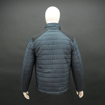 Navy full-sleeve two-tone puffer jacket with snap pockets, quilted insulation, inner compartments, and zip closure