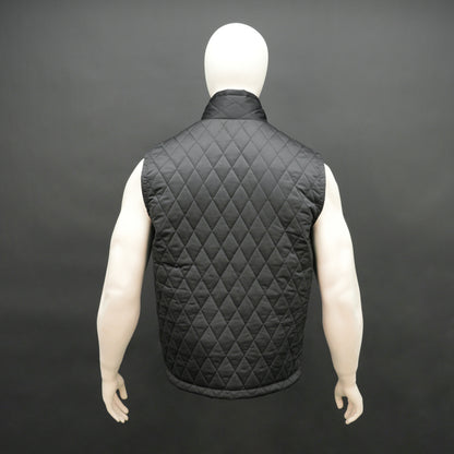 Lightweight black quilted sleeveless  puffer vest with zip closure, side and inside pockets, ideal for layering