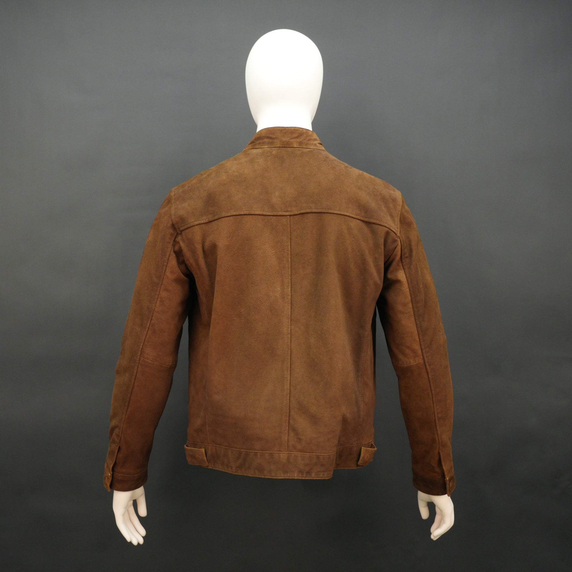 Brown suede leather jacket with front pocket and unique button and zip opening