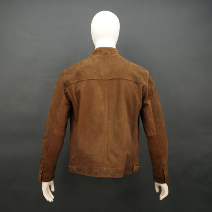 Brown suede leather jacket with front pocket and unique button and zip opening