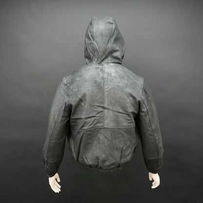 Black hoodie-style jacket made from genuine sheep leather (veg ranger), featuring a front zip closure, adjustable hood, two side pockets, and one inside pocket