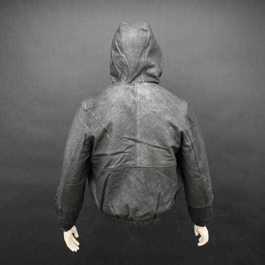 Black hoodie-style jacket made from genuine sheep leather (veg ranger), featuring a front zip closure, adjustable hood, two side pockets, and one inside pocket