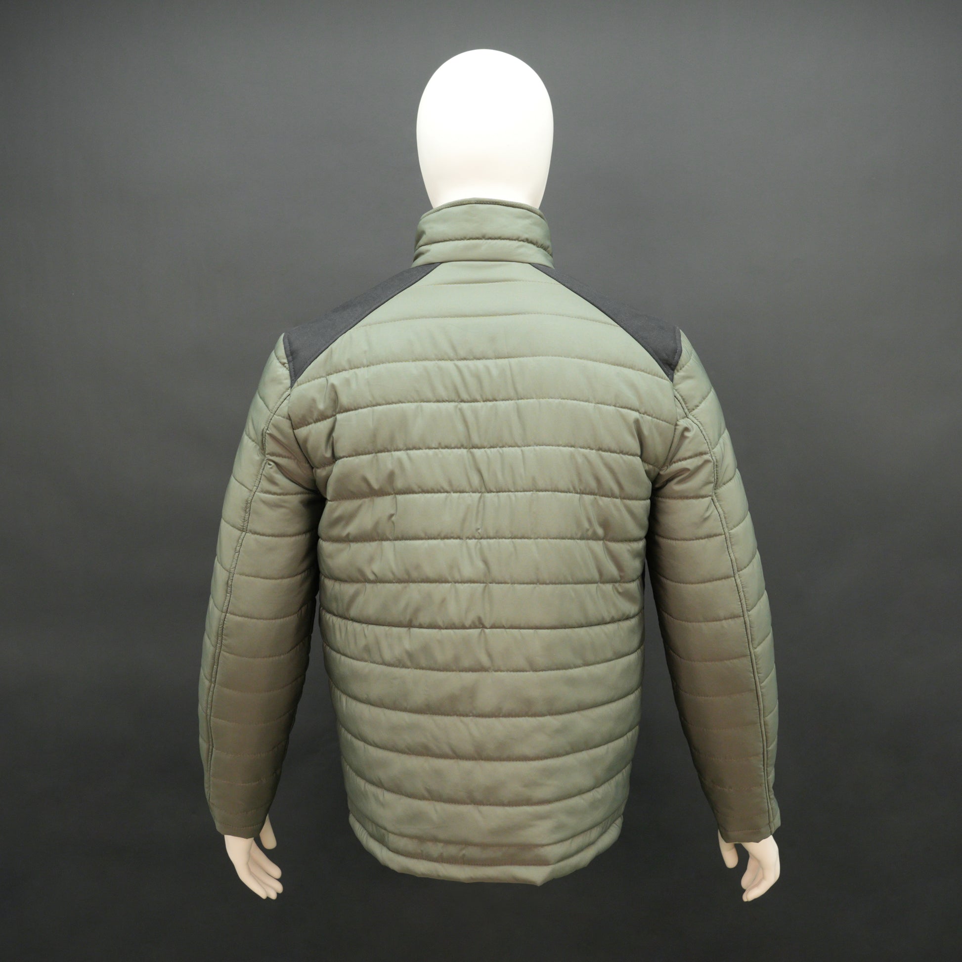 Olive sleeveless puffer vest with zip, side and inside pockets, lightweight for layering