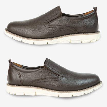 Brown genuine cow leather milled loafer featuring soft sheep lining, stable Texon insole, and flexible EVA sole for all-day comfort