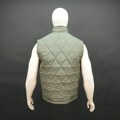 Green sleeveless puffer vest with zip, side and inside pockets, lightweight for layering