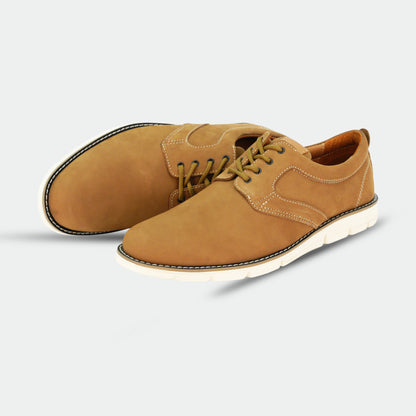 Footwear in Soya and Gray with genuine cow leather upper, soft sheep lining, Taxon insole for support, and lightweight EVA sole for flexibility and traction