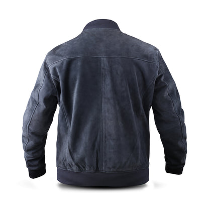 Cow Suede Leather Jacket with Chocolate, Navy & Charcoal Color Rib Collar & Bottom (Desi-Col)