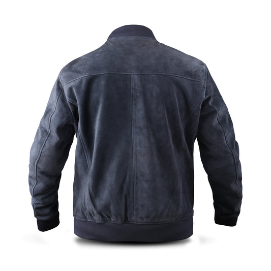 Cow Suede Leather Jacket with Chocolate, Navy & Charcoal Color Rib Collar & Bottom (Desi-Col)