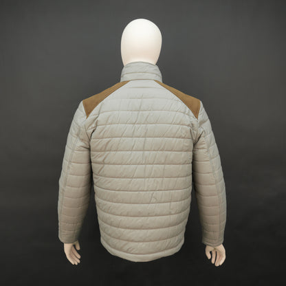 Grey full-sleeve two-tone puffer jacket with snap pockets, quilted insulation, inner compartments, and zip closure