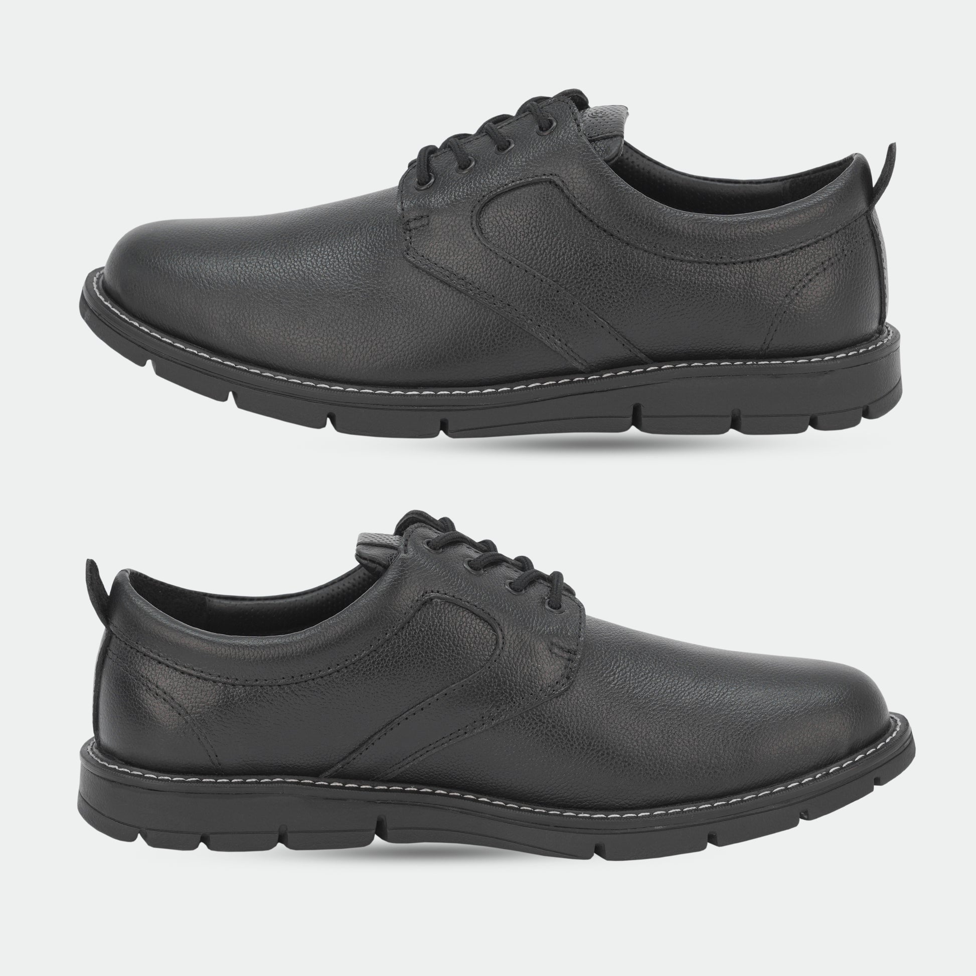 Black footwear featuring genuine cow leather milled commute upper, soft sheep lining, Taxon insole for stability, and lightweight EVA sole for comfort and grip