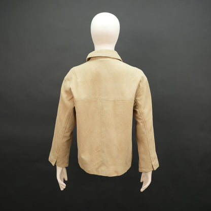 Beige suede leather jacket with tailored fit, elegant button opening, and front side pockets