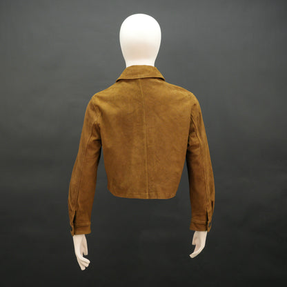 Mustard Brown suede leather jacket with front side pockets and button closure