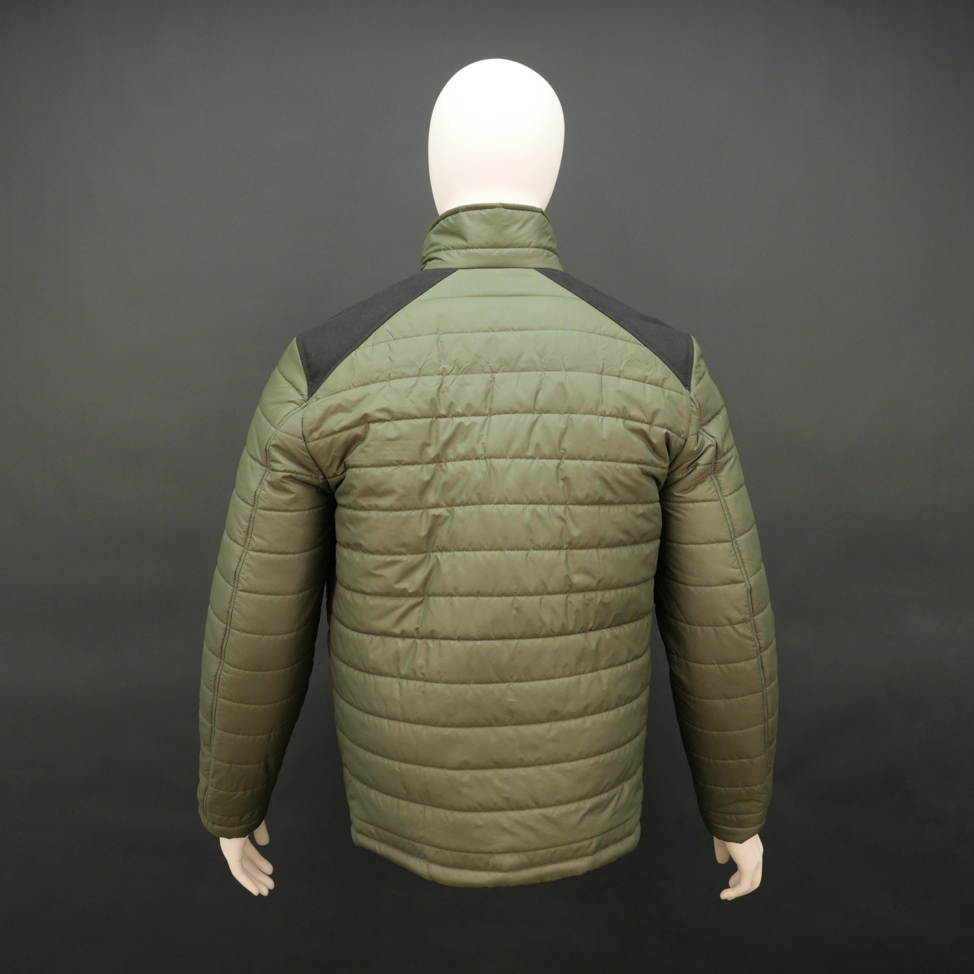 Green full-sleeve two-tone puffer jacket with snap pockets, quilted insulation, inner compartments, and zip closure