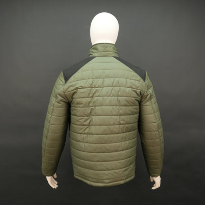 Green full-sleeve two-tone puffer jacket with snap pockets, quilted insulation, inner compartments, and zip closure